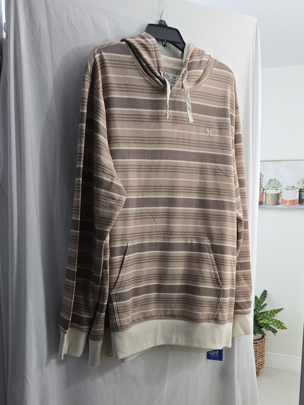 Hurley Striped Hooded Pullover Sweater - Beige Brown